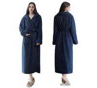 Oksun Bata larga y cálida para mujer: bata de baño de forro polar sherpa suave y esponjosa, acogedor abrigo de invierno con ribetes elegantes, Azul marino: cuello con muescas, Large