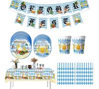 Oktoberfest Decoration Set, Festive Tableware and Tablecloth, Blue and White Napkins, Cups, Scene Props, Ideal for Backyard, Lawn, Tent, Beach, or Outdoor Oktoberfest Party Celebrations