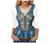 Oktoberfest T Shirt Damen bedrucktes Basic T Shirt mit drei VierteläRmeln Oktoberfest Outfit Statt Tracht,Damen T-Shirt Für Das Oktoberfest's Schatzerl Fun-Shirt Trachtenshirt Bierfest Outfit, azul
