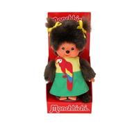 OKU Monchhichi 220496-Original Monchhichi niña con Vestido de Loro, Peluche Altura Aprox. de Felpa marrón, Multicolor, 20 cm (Sekiguchi 220496)