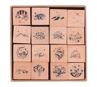 OKUMEYR Sello de Madera Decorativo DIY 16 Piezas para Álbum de Recortes Patrones Vintage de Estrellas y Montañas, Sello Manual para Scrapbooking y Tarjetas Creativas