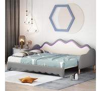 okwish Cama infantil tapizada, 90/180 x 190 cm, individual/doble, nido con LED, cama de invitados con somier y reposabrazos, piel sintética gris (sin colchón)