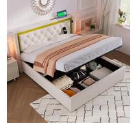 okwish Cama tapizada de 140 x 200 cm, cama doble juvenil con LED y USB tipo C, cabecero con espacio de almacenamiento, cama de almacenamiento hidráulica, estructura de cama acolchada con cajón