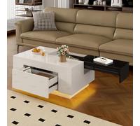 okwish Mesa de centro de alto brillo Colorblock con iluminación LED de 16 colores y mesa extensible,Mesa de salón con espacio de almacenamiento oculto,Blanco