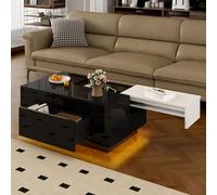 okwish Mesa de centro de alto brillo Colorblock con iluminación LED de 16 colores y mesa extensible, mesa de salón con espacio de almacenamiento oculto, negro