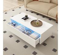 okwish Mesa de centro moderna con tablero de cajón ondulado,Mesa de sofá con dos cajones y una tira de luz LED que cambia de color,Armario auxiliar con espacio de almacenamiento,blanco