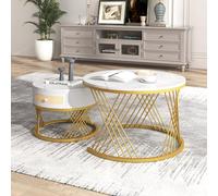 okwish Mesas Bajas - Juego de 2 mesas gigognes redondas, tablero DM efecto mármol, estructura de metal elegante, 70 x 45,5 y 50 x 38,5 cm, color blanco y dorado