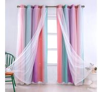 OKYUK Cortinas opacas para niños con estrellas de colores - Cortinas lavables a máquina para habitación de niña que ofrecen reducción de ruido y son decorativas (Verde-Rosa-Lila, 132 cm L x 160 cm A)