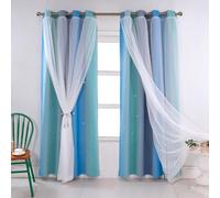OKYUK Cortinas opacas para niños con estrellas de colores - Cortinas lavables a máquina para la habitación de las niñas que ofrecen reducción de ruido y son decorativas (Gris-Azul-Verde, 52" L x 63" W