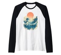 Ola Japonesa Retro Puesta del Sol Vintage Templo Mar Camiseta Manga Raglan