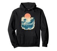 Ola Japonesa Retro Puesta del Sol Vintage Templo Mar Sudadera con Capucha