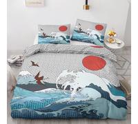 Ola y Monte Fuji Funda Nórdica 135x200, Sol Rojo y grulla Microfibra Juego de Ropa deCama Incluye 1 Funda Edredon + 2 Fundas de Almohada 50x75 (Cama 80/90)