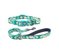 Olahibi Juego combinado de collar y correa para perro, bonito patrón de margaritas, material de poliéster, con rayas reflectantes, correa de 150 cm, para perros grandes (L, verde)