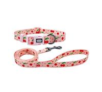 Olahibi Juego combinado de collar y correa para perro, patrón de fruta de cereza, material de poliéster, correa a juego de 150 cm, para perros medianos. (M, cereza)