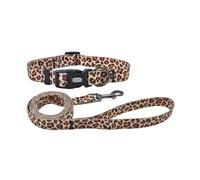 Olahibi Juego combinado de collar y correa para perro, patrón de leopardo, material de poliéster, correa a juego de 150 cm, para perros medianos. (M, leopardo café claro)