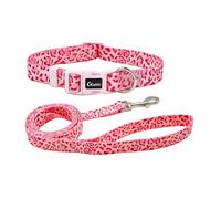 Olahibi Juego combinado de collar y correa para perro, patrón de leopardo, material de poliéster, correa a juego de 150 cm, para perros medianos. (M, leopardo rosa)