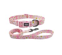 Olahibi Juego de correa de collar para perro, patrón floral, material de poliéster, collar ajustable y correa a juego de 150 cm, para perros pequeños. (S,margarita rosa claro)