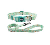 Olahibi Juego de correa de collar para perro, patrón floral, material de poliéster, collar ajustable y correa a juego de 150 cm, para perros pequeños. (S,margarita verde claro)