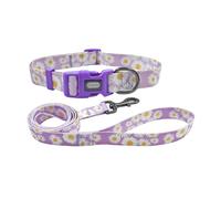 Olahibi Juego de correa de collar para perro, patrón floral, material de poliéster, collar ajustable y correa a juego de 150 cm, para perros pequeños. (S,margarita morada clara)