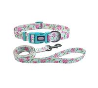 Olahibi Juego de correa para collar de perro, patrón floral, material de poliéster, collar ajustable y correa a juego de 150 cm, para perros grandes (L, lirio verde)