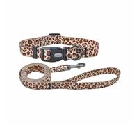 Olahibi Set combinado con collar y correa para perro, patrón de leopardo, material de poliéster, 150 cm, correa a juego, para cachorros pequeños, talla XS, color café claro