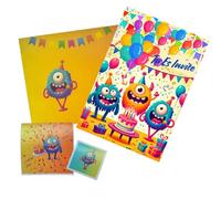 Olanmarp Cartes Invitation Aniversaire Enfant Lot 50 piezas - 10 Cartes + 10 Enveloppes + 30 pegatinas (6 cm y 3 cm) - Invitations Fête Anniversaire Enfants Garçon Fille Décoration Party (Monstre)