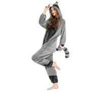 OLAOLA Pijama Adulto, Disfraz de Animal, Unisex Onesie para Cosplay de Halloween, Pijama Entero de Una Pieza para Mujer y Hombre (L, Mapache)