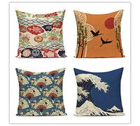 Olas Japonesas Juego de 4 Cojines Sofa 50x50cm Moderno Cuadrado Exterior Decorativo Funda Cojin Doble Cara linen Funda De Cojines Fundas Cojin Con cremallera oculta para Sala De Estar Casa Decoración
