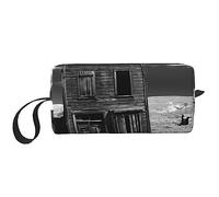 Old Building Up by a Wooden Post - Bolsas de cosméticos para mujer, bolsa de maquillaje portátil, bolsa de almacenamiento de viaje, bolsa de recepción diaria, bolsa de aseo de gran capacidad, White,