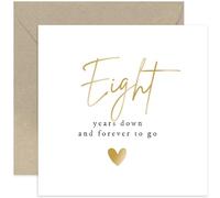 Old English Co. Tarjeta de aniversario de boda Eight Years Down Forever To Go para marido o esposa - Tarjeta especial de celebración de 8º aniversario de lámina dorada - octavo aniversario de bronce |