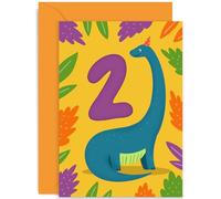 Old English Co. Tarjeta de cumpleaños colorida para niños y niñas, diseño de dinosaurio de fiesta de cumpleaños para niños de 2 años, divertida y bonita tarjeta de cumpleaños para él o ella, interior