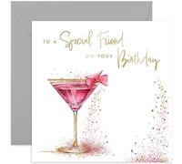 Old English Co. Tarjeta de cumpleaños para amiga especial - Tarjeta de cumpleaños especial para mejor amiga - Fabuloso diseño de cóctel rosa con purpurina dorada para mujeres - 40, 50 - Bonita tarjeta