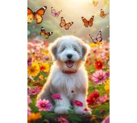 Old English Sheepdog Puppy in a field of colorful flowers Notebook - Large 6 x 9 inches - 127 Pages
