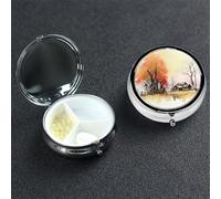 Old House and Trees - Pastillero de metal con 3 compartimentos, organizador de pastillas de viaje portátil para bolsillo o bolso, caja de medicina redonda decorativa, contenedor de vitaminas