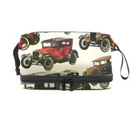 Old Retro Cars - Neceser de doble capa para mujeres y niñas, neceser de viaje, bolsa organizadora de maquillaje con compartimento para cepillos, multicolor, 27x15x14 cm/10.6x5.9x5.5 in, Neceser