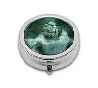 Old Style Vessel Fighting with The Giant Waves Round Box,Compact compartment Medicine Case for Pocket,Purse,Portable Medicine Tablet Vitamin Holder Travel