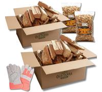 OLD TERRA NATURAL | Kit Leña Premium 10kg para Chimenea, Barbacoa y Horno de Pizza | Troncos seleccionados, Astillas de Frutal y Guantes de Cuero de Calidad