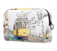 Old Tram on The Street - Bolsa de cosméticos para mujer, neceser de viaje, bolsa organizadora de maquillaje grande con cremallera, multicolor, 18.5x7.5x13cm/7.3x3x5.1in, Neceser