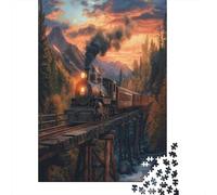 Old Wooden Bridge Atardecer in The Mountains Vintage Locomotora de Vapor Rompecabezas Puzzle,70x50cm/1000pcsAdulto Juego Educativo Decoración del Hogar