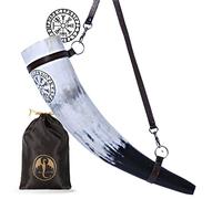 OldEmperor Bocina de guerra vikinga, trompeta de batalla de buey auténtica de 12 pulgadas con correa de cuero grabada a mano, boquilla para un sonido fácil y claro, bolsa de regalo