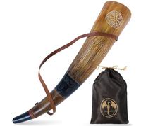 OldEmperor Bocina de guerra vikinga, trompeta de batalla de buey auténtica de 18 pulgadas con correa de cuero grabada a mano, sonido fácil y claro, regalo vikingo para hombres y mujeres