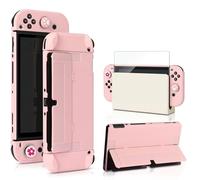 OLDZHU Funda Protectora Compatible con Nintendo Switch OLED Modelo,Dock Rosado Carcasa para Nintendo Switch OLED con Protector de Pantalla para 4 Agarres para el Pulgar