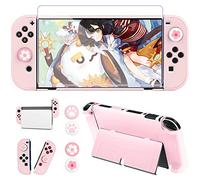 OLDZHU Funda Protectora Compatible con Nintendo Switch OLED Modelo,PC Rosado Carcasa para Nintendo Switch OLED con Protector de Pantalla para Nintendo Switch OLED Consola y con Agarres para el Pulgar