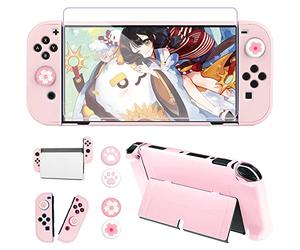 OLDZHU Funda Protectora Compatible con Nintendo Switch OLED Modelo,PC Rosado Carcasa para Nintendo Switch OLED con Protector de Pantalla para Nintendo Switch OLED Consola y con Agarres para el Pulgar