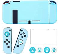 OLDZHU Funda Protectora Compatible con NS Switch,Funda Azul Delgada y acoplable para Consola NS y Controladores Joy-con,con Protector de Pantalla de Cristal,4Tapas de Agarre para el Pulgar (Azul)