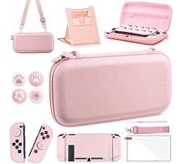 OLDZHU Kit de accesorios 10 en 1 Kawaii regalo Rosa de viaje para Nintendo Switch,con Funda de Cubierta protectora dura,Protector de Pantalla,Soporte ajustable ultrafino,Tapas de agarre para el pulgar