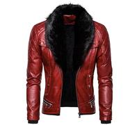 OLEETS Chaqueta Cuero Para Hombre - Chaqueta De Moto Gruesa A Prueba De Viento Para Hombre, Ropa De Calle Cálida Para Otoño E Invierno, Camisetas De Manga Larga, Ropa Clásica De Moda Retro, Roja