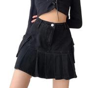 OLEETS Falda Vaquera Corta De Mujer - Minifalda Mujer Cintura Alta Patchwork Denim Faldas Plisadas Primavera Otoño con Bolsillos Moda Vintage Sexy Streetwear Tallas Grandes, Negro, 3XL