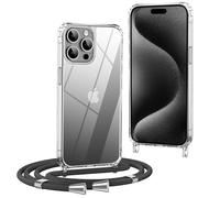OLEPHY Funda con Cuerda para iPhone 15 Pro 6,1", Funda con Cordón Ajustable, Case Transparente con Correa para el Cuello, Negro