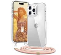 OLEPHY Funda con Cuerda para iPhone 15 Pro 6,1", Funda con Cordón Ajustable para el Cuello para iPhone 15 Pro, Case Transparente con Correa para el Cuello, Rosa